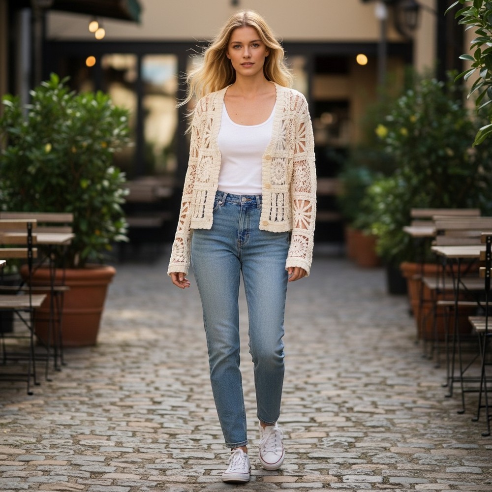 Elan Woman's Crochet Shabby Chic Cardigan Cream Ivory Open Knit Boho Sweater S